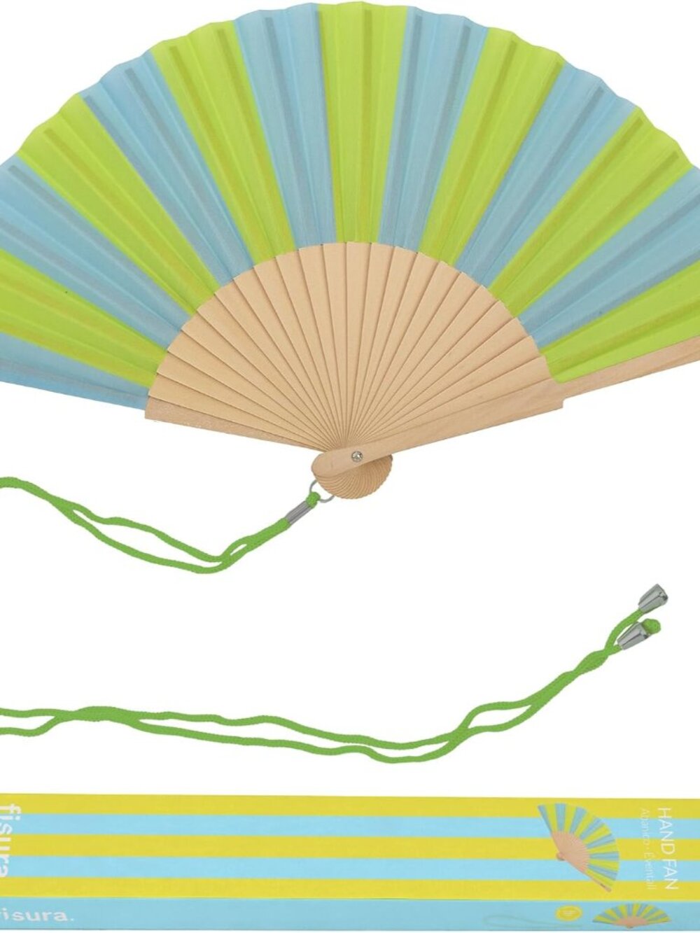 Original Folding Fan with Stripe Print. Colorful Wooden Folding Fan in Green and